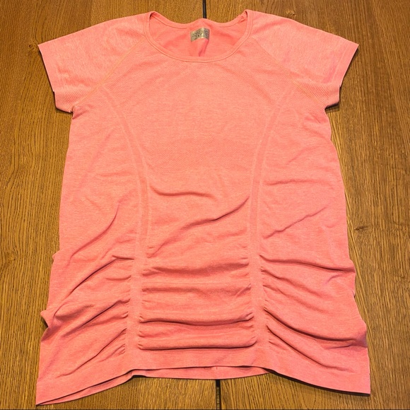 Athleta Fast Track seamless ruched athletic tee, neon peach pink - Picture 2 of 6